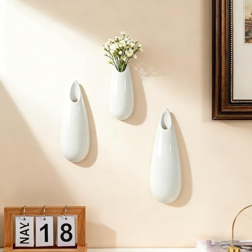 White Ceramic Wall Vases, Set of 2, 12 Inch, Teardrop Design - color: 3pcs-small&medium&large