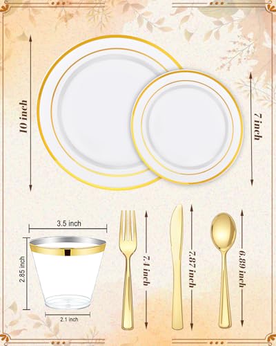 bUCLA 150PCS Gold Plastic Plates Disposable - Heavy Duty Gold Plates Include 25 Dinner & 25 Dessert Plates,25 Forks,25 Knives,25 Spoons&25 Cups for Party, Thanksgiving, Fall Harvest & Autumn - color: Gold