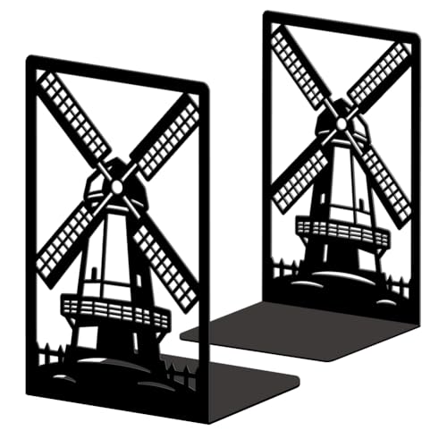 Peacoblue 5.3"x4.3"x7.9" Metal Bookends, Heavy Duty Book Ends for Shelves - style: Dutch Windmill and Fence