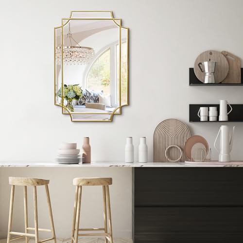 30"x20" Geometric Rectangle Beveled Mirror with Gold Wood Frame - color: Gold, size: 30"L x 20"W