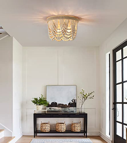 AMZASA Wood Beaded Flush Mount Ceiling Light Farmhouse Rustic Small Boho Chandelier Light Fixture for Bedroom Hallway Entryway Closet Kitchen Dining Room Living Room Nursery 3-Lights - color: Hemp Rope Ceiling Light