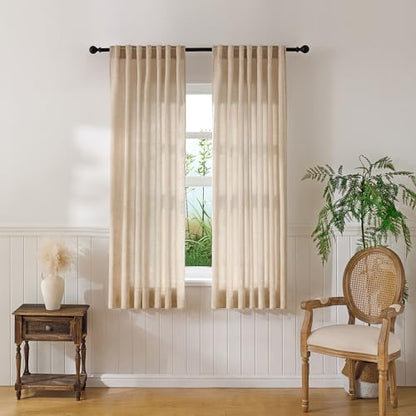 Warm Beige Sheer Linen Curtains for Living Room Bedroom 63 Inches Long - color: Warm Beige, size: 52"W x 63"L (Pack of 2)