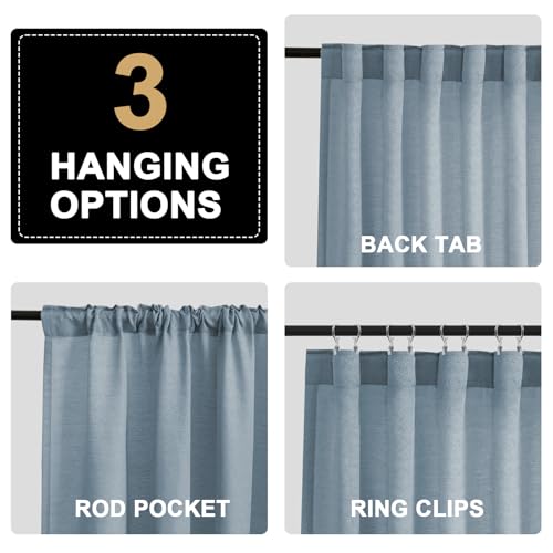 PrinceDeco Linen Semi Sheer Curtains for Bedroom/Living Room,52x63,Blue - color: Blue, size: 52"W x 63"L (Pack of 2)