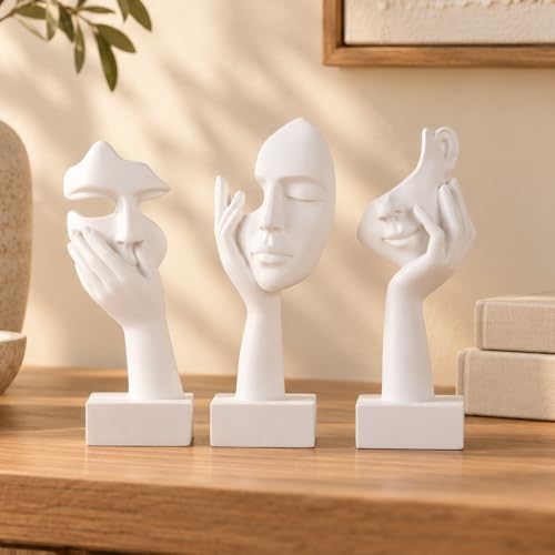 3 Pcs Thinker Small Statue Set - White Art Abstract Home Accent Figurines for Decor Woman Apartment Bookshelf Floating Shelf Coffee Table Office Desk Bathroom Counter Decor (3 Pcs White, 6") - color: 3 Pcs White, size: 6"
