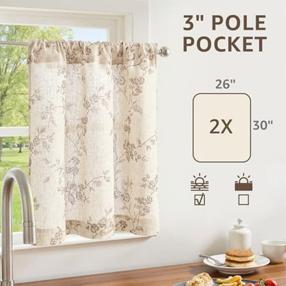 jinchan Floral Linen Kitchen Tier Curtains, 30 Inch, 2 Panels, Taupe - color: Alisa Taupe, size: 26"W x 30"L (Pack of 2)