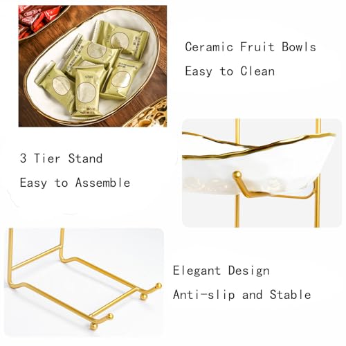 2-Tier Fruit Bowls for Kitchen Counter,Ceramic Bowl with Gold Metal Stand,2 Tier Fruit Basket for Fruit,Snack,Cake,Nuts,Dessert Space Saving Storage - color: Gold