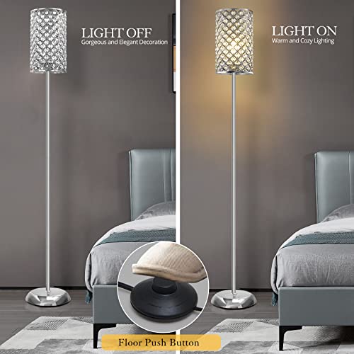 GyroVu Crystal Floor Lamp, Elegant Standing Lamp Modern Floor Lamp Silver Finish Tall Pole Lamp Accent Light with On/Off Foot Switch for Living Room, Girl Bedroom, Dresser, Office - color: Silver
