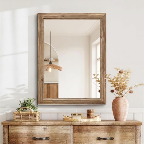 Niccy Rectangular Wall Mirror, 24"x32" Wood Bathroom Mirror, Antique - color: Antique Wood, size: 24"L x 32"W