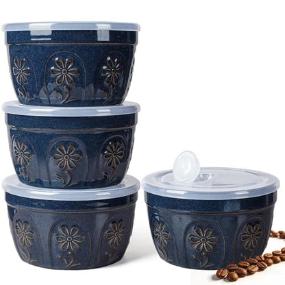Artena Meal Prep Containers 22 OZ, 4 Pack Snack Containers, Reusable Food Storage Containers With Lids For Soup Yogurt Oatmeal Lunch Breakfast, Ceramic Cereal Bowls (Blue, Pinwheel Flower) - size: 5.15 inch (Pinwheel Flower, Blue)