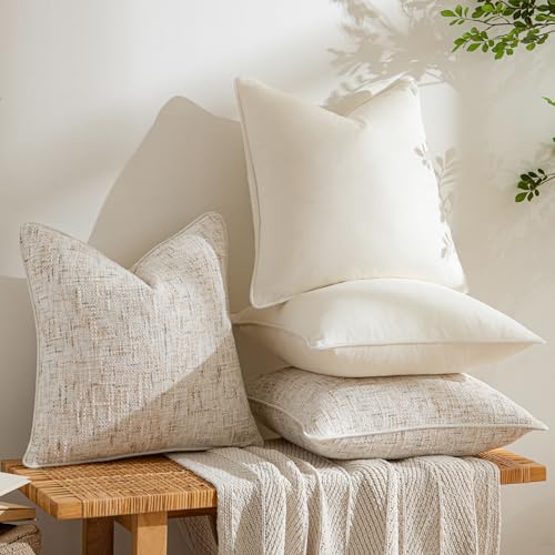 a moment Beige 4 Pack Throw Pillow Covers - Chenille & Velvet Set with Piping, Farmhouse Textured Design Pillow Cases for Couch Sofa Bed Livingroom (16x16 Inch, No Insert) - color: Beige, size: 16" x 16" (Pack of 4)