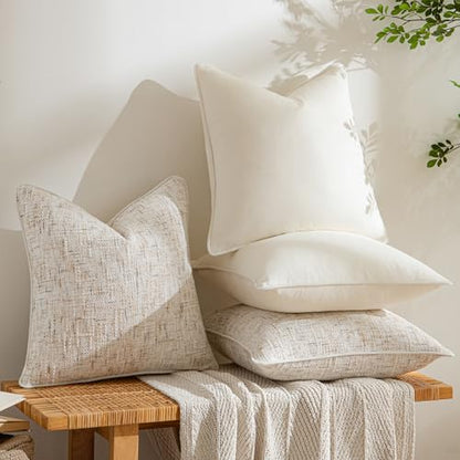 a moment Beige 4 Pack Throw Pillow Covers - Chenille & Velvet Set with Piping, Farmhouse Textured Design Cushion Cases for Couch Sofa Bed (20x20 Inch, No Insert) - color: Beige, size: 20" x 20" (Pack of 4)