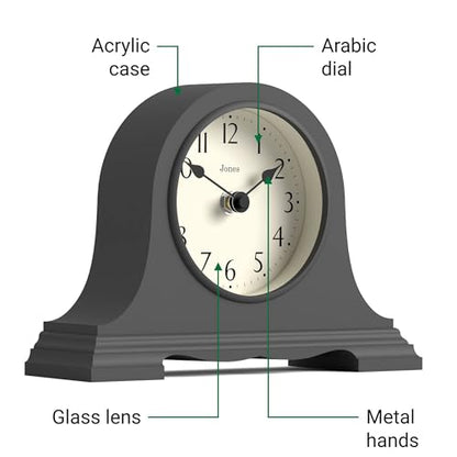 JONES CLOCKS® Speakeasy Small Mantel Clock | Napoleon’s hat Design | Gray - color: Blizzard Grey