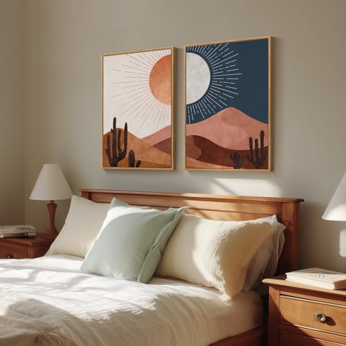 Large Framed Boho Desert Landscape Canvas Wall Art for Living Room, 24x36 - color: Terracotta Blue, size: 24" W x 36" H x 2Pcs