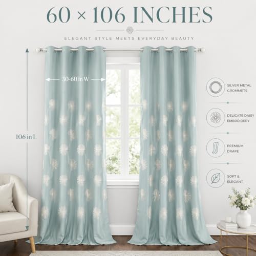 VOGOL Floral Embroidered Grommet Curtains, 60 x 106, 2 Panels, Blue - color: C2, size: 60"W x 106"L (Pack of 2)