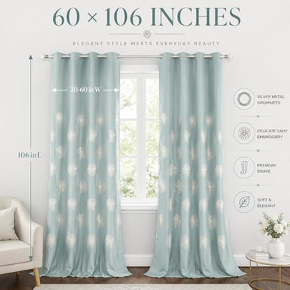 VOGOL Floral Embroidered Grommet Curtains, 60 x 106, 2 Panels, Blue - color: C2, size: 60"W x 106"L (Pack of 2)