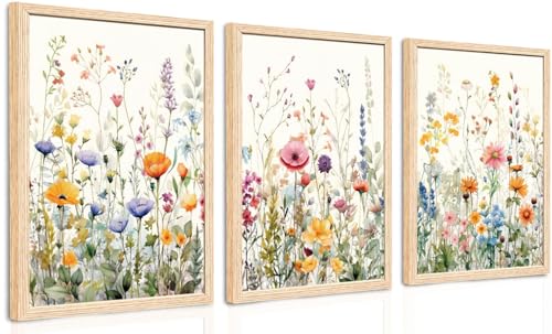 WRFON Framed Wildflower Canvas Wall Art Set of 3, Watercolor Botanical Floral Paintings, Soft Meadow Flower Artwork for Bedroom Living Room Bathroom Home Decor 12x16 Inch Each - color: Wildflowers(Framed), size: 16"L x 12"W
