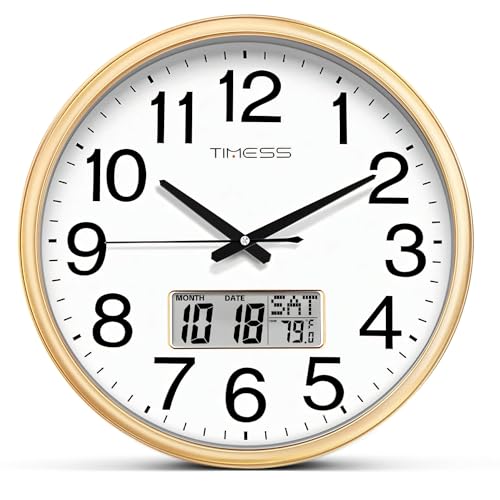TIMESS 13-Inch Silent Non-Ticking Analog Wall Clock, Gold | Classic wood-style finish, battery operated, easy-to-read dial, retro decor for bedroom, living room, kitchen, or office - color: Calendar Gold, size: 13 Inch