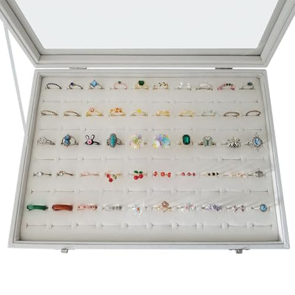 100-Slot Ring Organizer Box with Dust-Proof Transparent Glass Lid - color: Beige-100 rings