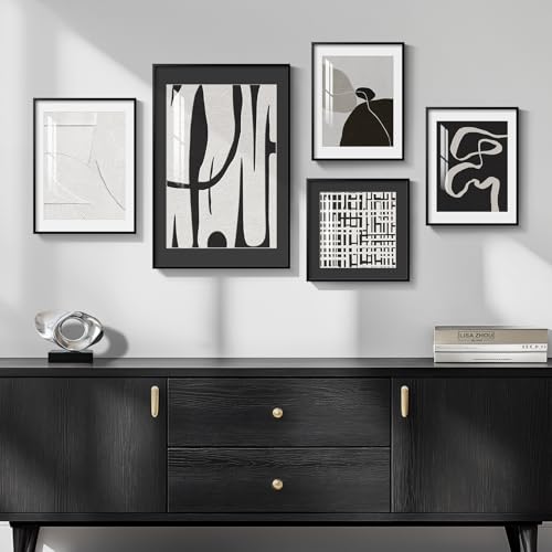 Framed Black and White Modern Abstract Wall Art for Living Room, 5 Piece - color: Minimalist