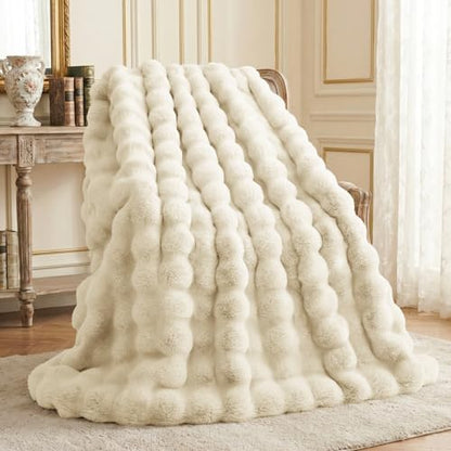 L'AGRATY Faux Rabbit Fur Throw Blanket for Couch, 50'' x 60'' Almond White - color: Almond White, size: 50" x 60"