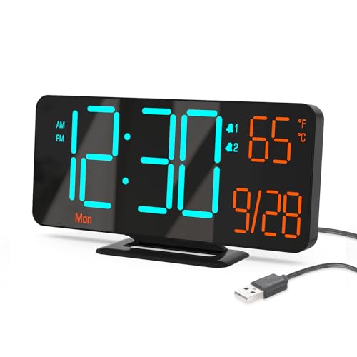 KOSUMOSU Alarm Clocks for Bedrooms, 6.7" Black Small Digital Clock LED, Desk Alarm Clock with Auto Dimming,Seconds, Day of Week, Indoor Temperature,Clocks for Living Room - color: Black (Blue+orange Digits)