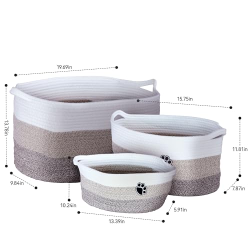 3Pack Storage Basket Set (S/M/L), Rope Basket with Handles, Machine Washable, Dog Toy Bin for Pet Toy Storage, Toys Nursery, Home Storage, White, Brown