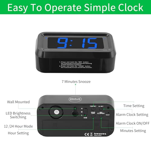 KWANWA Small Digital Alarm Clock, 1.2inch Dark Blue LED Digits, Adjustable Brightness, Dim Night Model, 12H/24H, Battery Operated, Wall Mount, Snooze, Clock for Kids Bedroom, Small Travel Clock - color: Black Case-dark Blue Led