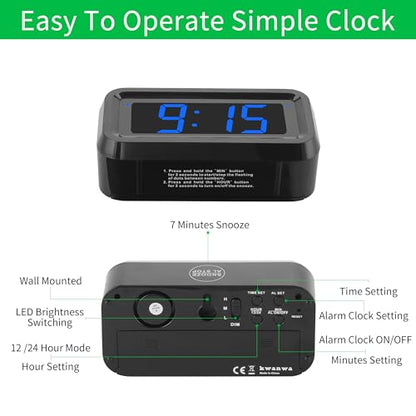 KWANWA Small Digital Alarm Clock, 1.2inch Dark Blue LED Digits, Adjustable Brightness, Dim Night Model, 12H/24H, Battery Operated, Wall Mount, Snooze, Clock for Kids Bedroom, Small Travel Clock - color: Black Case-dark Blue Led