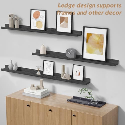 Forbena 48 Inch Black Picture Ledge Shelf Set of 4, Extra Long Floating Shelves for Wall with Lip, Narrow Wall Mounted Shelves for Living Room Bedroom Photo Frames, Art Pictures, Books, Legos - color: Black