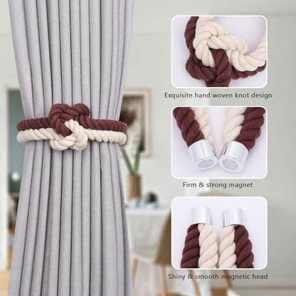 NICEEC Cotton Rope Magnetic Curtain Tiebacks, 4 Pack, Coffee & Beige - color: Coffee & Beige, size: 4 Pack