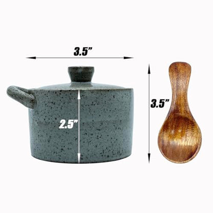 8 oz Ceramic Salt Cellar with Lid & Wooden Spoon,Countertop Salt Container,Sugar Bowl,Spices Jar| Artisan Kitchen Decor(Gray) - color: Gray