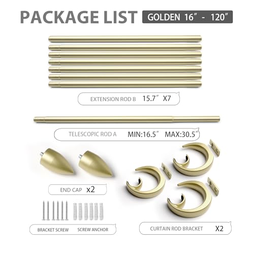 Modern Adjustable Curtain Rod Set 16 to 120 Inches, Sleek Window Rod for Bedroom, Living Room, Gold - color: GOLD, size: 16" to 120"