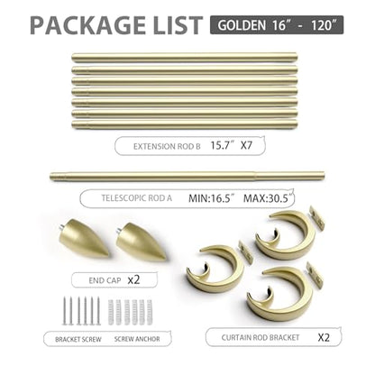 Modern Adjustable Curtain Rod Set 16 to 120 Inches, Sleek Window Rod for Bedroom, Living Room, Gold - color: GOLD, size: 16" to 120"