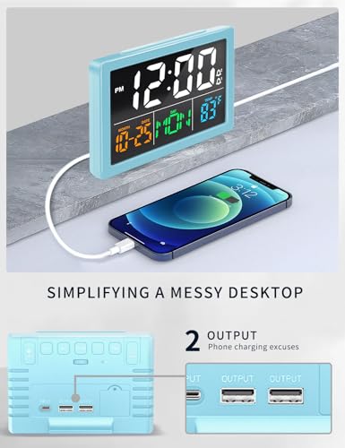 JALL Digital Clock with Date Day for Seniors, Electric Alarm Clocks for Bedrooms with Temperature, 2 Alarms, Dimmer, Dual USB Charger, Battery Backup, Volume Control, Snooze, Bedside Desk Clock, Blue - color: Blue
