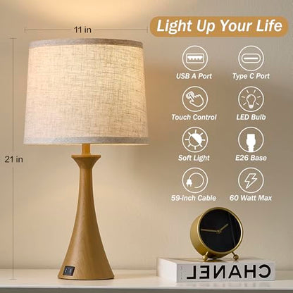 Touch Table Lamps Set of 2, 21" Bedside Lamps with USB C+A - color: Wood Grain