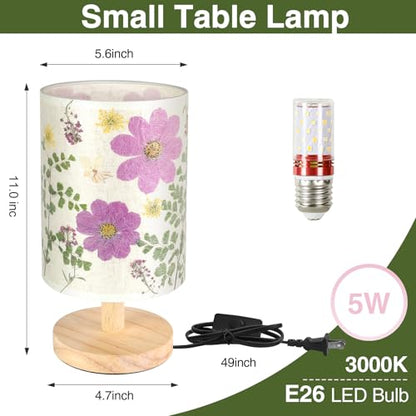 Dried Flowers Small Table Lamp 5W LED 3-Color Bedside Lamp Pressed Flowers Lampshade with Wood Base for Bedroom Living Room Desk Nursery - color: Flower-3-Color