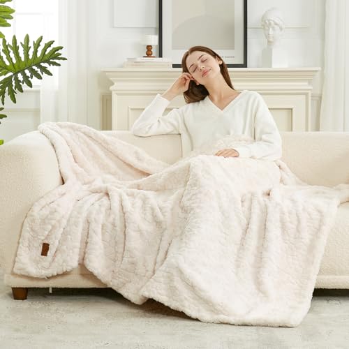 Cozy Bliss Faux Fur Throw Blanket for Couch, Fuzzy Soft Plush Thick Warm Fluffy Reversible Wave Textured Blanket for Sofa Bedroom Living Room, 55 * 70 Inches Cream White - color: Cream White, size: Throw(55" x 70")
