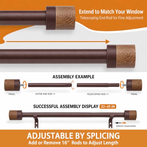 1 Pack Boho Rustic Adjustable Wood Curtain Rod 32-45 Inch, Bronze - color: Bronze, size: 32"-45"|1 PACK