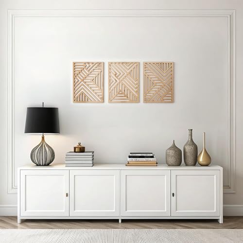 qmmp Modern Wooden Wall Sculptures - Set of 3 - Home Decor Accent - Large Wall Art for Living Room, Bedroom, Office - Easy Installation (Oak, Medium - Direction) - color: Oak, size: Medium - Geometric Shapes