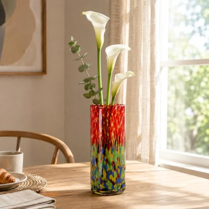 9.45in H Sea Glass Cylinder Vase Unique Hand Blown Glass Vase for Flower - color: Red Green