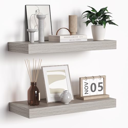 Floating Shelves - Rustic Grey Storage Shelf Set of 2 - 16 Inch Wall Mounted Shelves for Wall Decor & Storage - Wooden Shelves with Invisible Brackets for Living Room, Bedroom, Kitchen, Farmhouse - color: Grey, size: 16"L x 6.7"D