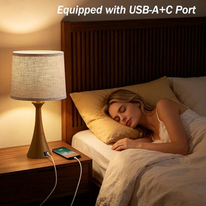 Touch Table Lamps Set of 2, 21" Bedside Lamps with USB C+A - color: Wood Grain