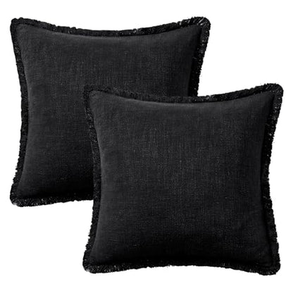 Linen Fringe Throw Pillow Covers 18x18 Inch Set of 2,Black - color: Black, size: 18" x 18" (Pack of 2)