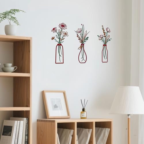 Embewhis Metal Wall Art Flowers 3pcs, Rustic Farmhouse Flower Sculptures, 13.7" Wall Art Decor, Drill-Free Install Option for Living Room, Kitchen, Bedroom & Bathroom - size: C
