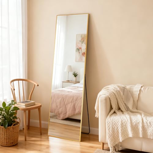 55"x16" Full Length Mirror with Stand, Gold Metal Frame Floor Mirror, Hanging, Standing or Leaning Against Wall, Tempered Full Body Mirrors for Room Decor, Living Room, Bedroom - color: Rectangular-gold, size: 55"L x 16"W