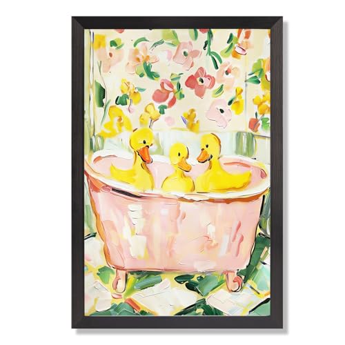 Colorful Bathroom Canvas Wall Art Funny Playful Duck Bath Poster Whimsical Rubber Duck Pictures Watercolor Prints Painting For Bathroom Kids Room Bedroom Wall Decor 24x36in black Framed - color: style 05, size: 24"L x 36"W