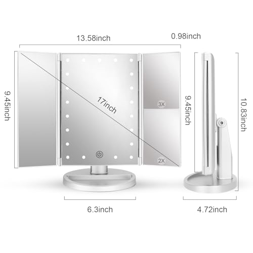 deweisn Dresser Mount Tri-Fold Lighted Vanity Mirror with 21 LED Lights, Touch Screen and 3X/2X/1X Magnification, Two Power Supply Modes Make Up Mirror,Travel Mirror - color: Silver