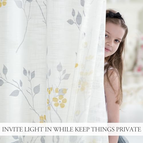 Beauoop Floral Linen Semi Sheer Curtains Living Room Yellow Grey 50x96x2 - color: Grommet | Yellow and Grey, size: 50"W x 96"L (Pack of 2)