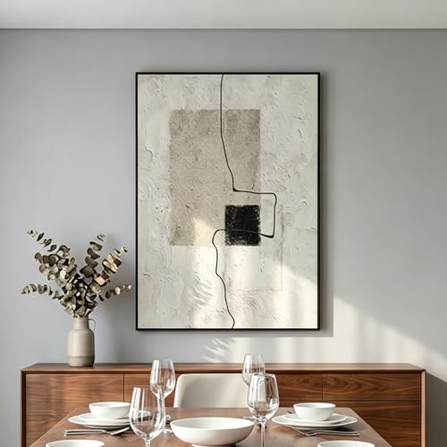 QKF Minimal Geometric 3D Texture Black Aluminum Frame Canvas Wall Art - color: Light Brown & Beige