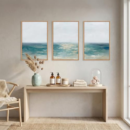 Aurlan Large Abstract Blue Coastal Framed Canvas Wall Art Set-24"x36"x3 - color: Abstract Blue Coastal Wall Art, size: 24"Lx36"W